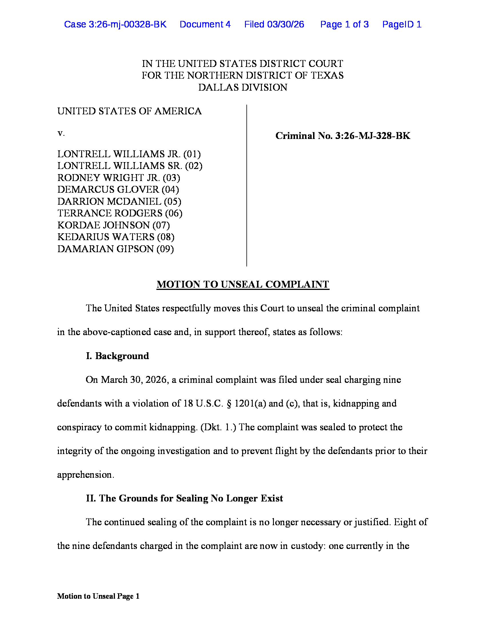 Pooh Shiesty federal kidnapping complaint page 1 showing all nine defendants named